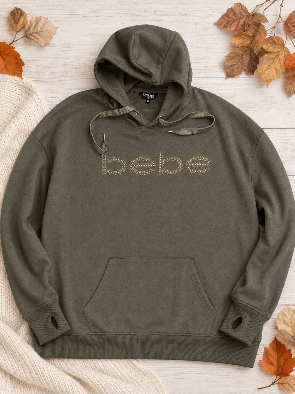 Bebe Sport Women’s 3X Olive Rhinestone Logo Pullover Hoodie Thumbholes